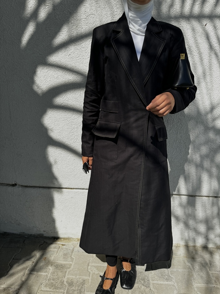 PINSTRIPE LONG BLACK COAT