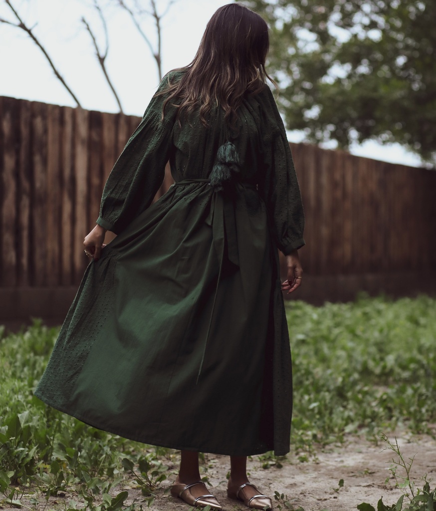 GREEN EYELET TASSEL DRESS