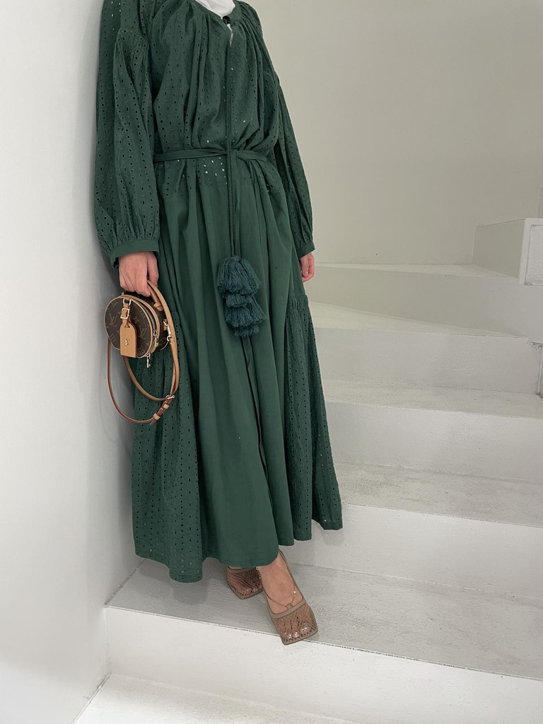 GREEN EYELET TASSEL DRESS