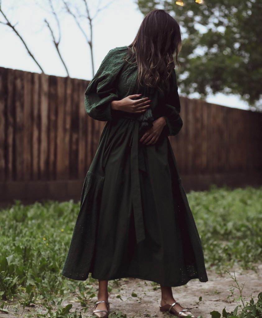 OU-RAMADAN-GREEN EYELET TASSEL DRESS